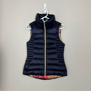 Lilly Pulitzer Navy Blue Down Fill Full Zip Floral Print Lined Vest Size…